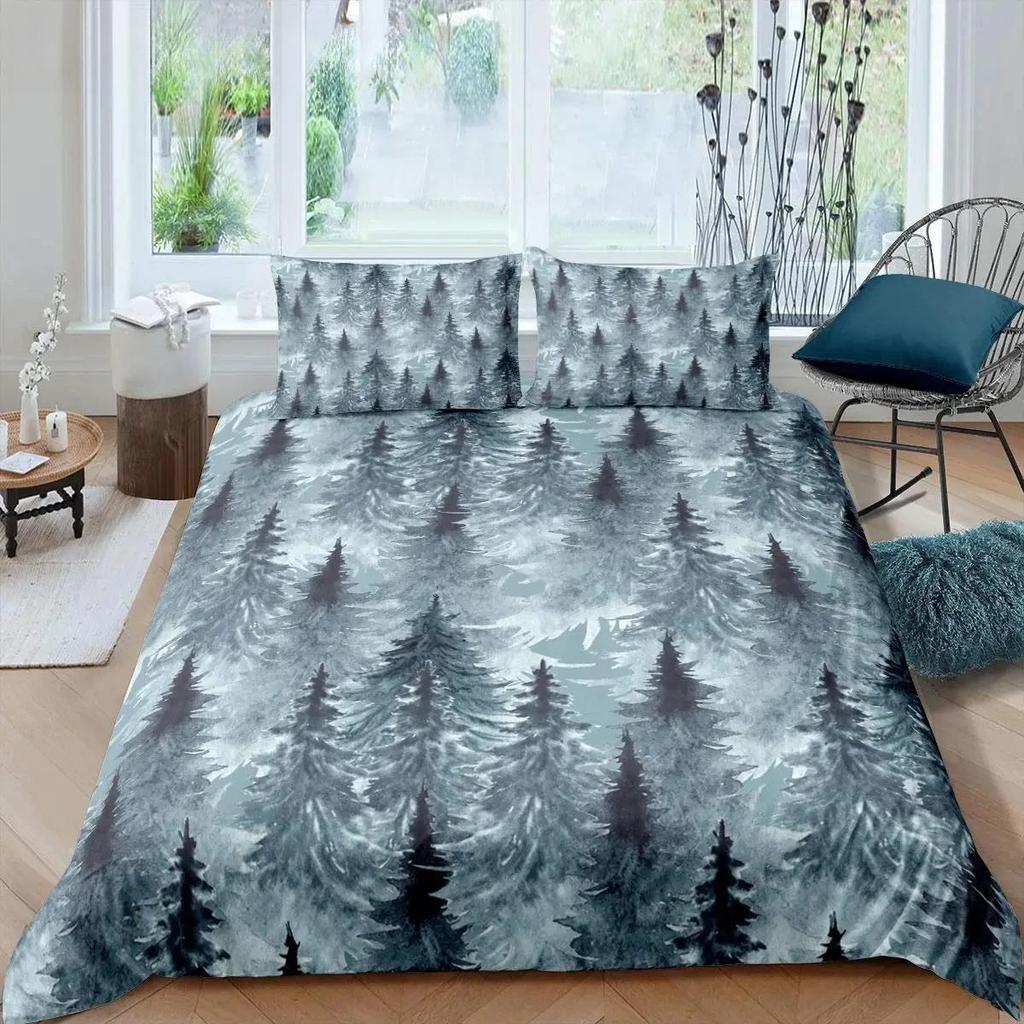 Dumanlı Dağ Nevresim Takımı Çam Ağaçları Yorgan Kılıfı Erkek Çocuk Manzara Yorgan Kılıfı Doğal Manzara Sanat Polyester Yatak Takımı