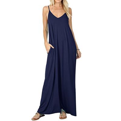 Women V-neck Sleeveless Sling Dress Solid Color Side Pockets Loose Fit Thin Maxi Dress Thin Holiday Long Dress Streetwear
