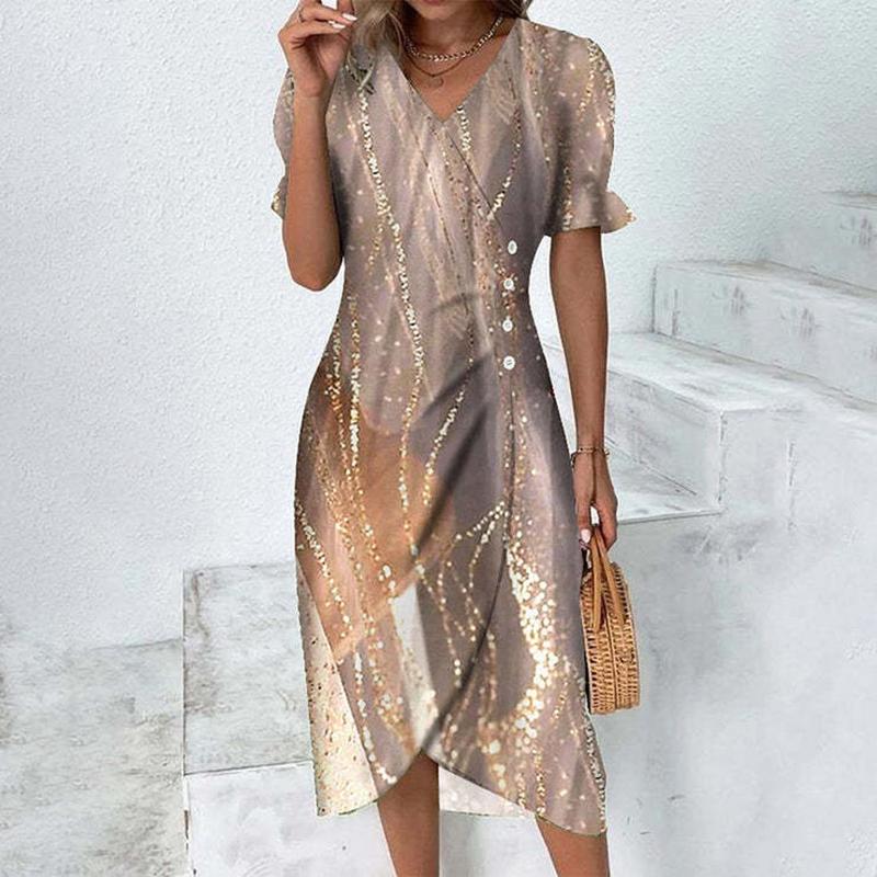 Vestito da ufficio vintage slim boho elegante con stampa floreale, maniche a sbuffo, abito da festa da donna, scollo a V, bottoni drappeggiati, irregolare, a trapezio