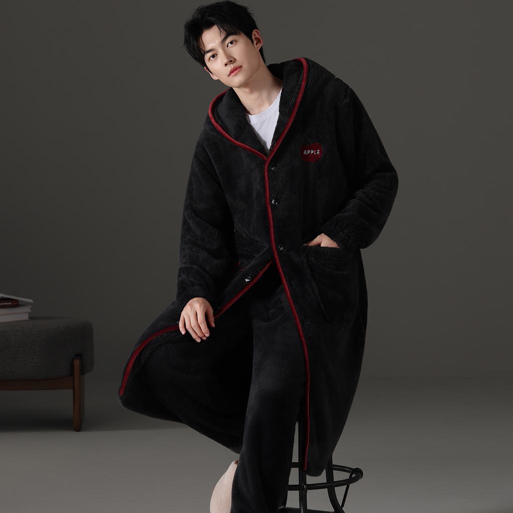 Teen men's pajamas autumn and winter 1011 new plush nightgown coral fleece thickened two-piece set loungewear