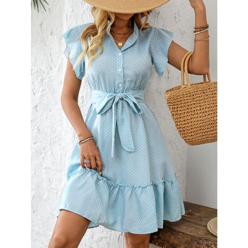 Women Polka Dot Ruffle Short Sleeve Lace Up A Line Casual Vacation Dress