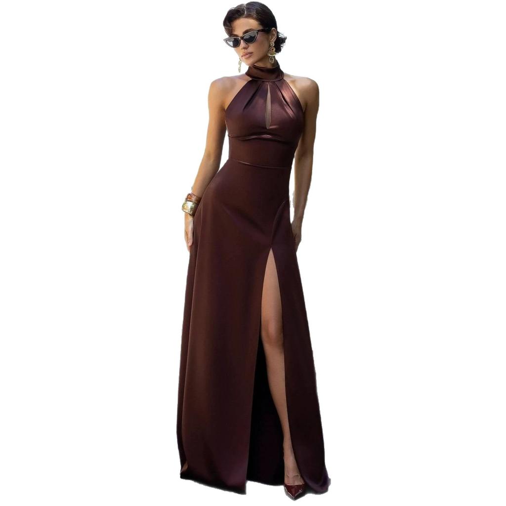 European and American women's clothing spring and summer backless neck collar sleeveless long dress waist wrap hip split dress