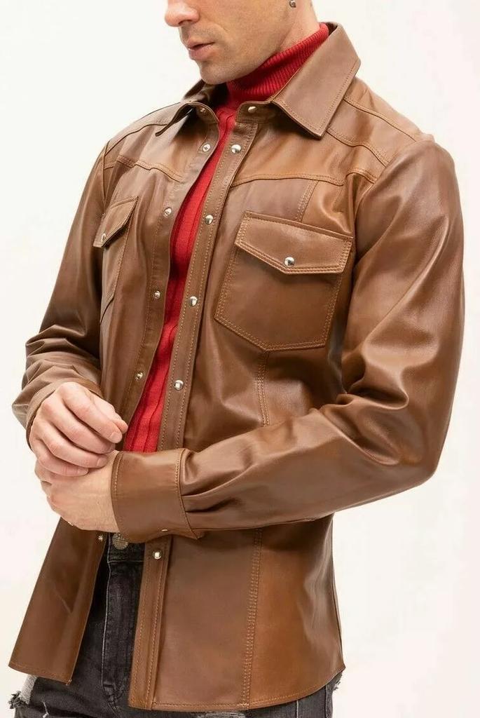 Cămașă Maro Party Piele de Miel Formal Elegant 100% Casual Piele Adevărată Făcută Manual Bărbați