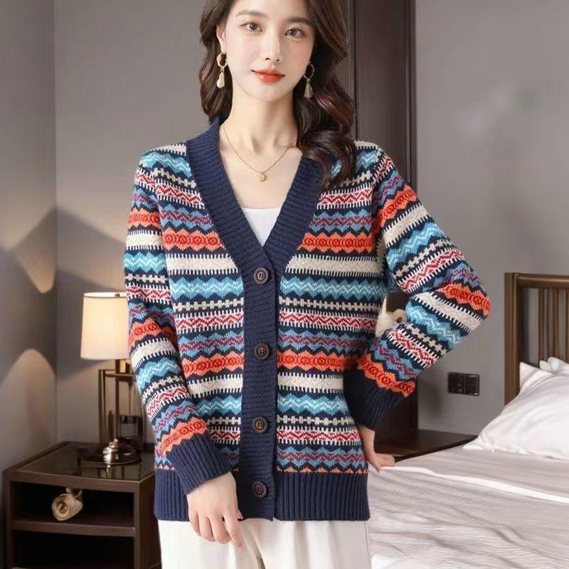 Striped Cashmere Cardigan Women's V-neck Casual Thick New Spring New Retro Jacquard Wool Sweater Knitted JSweater Jacket