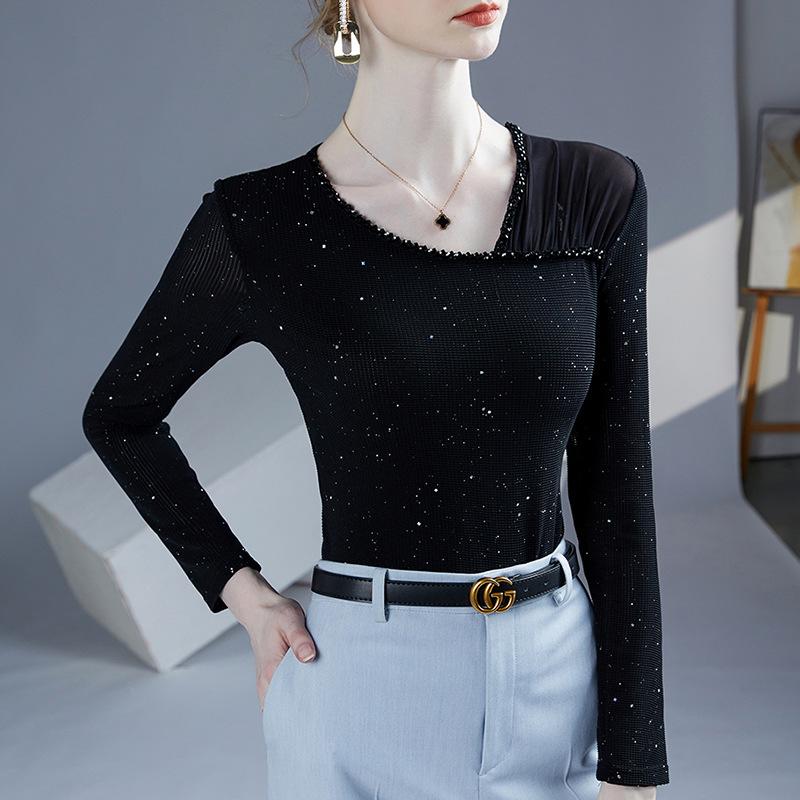 Women's Hand-Beaded Mesh Top - Slanted Neck, Long Sleeve, Autumn/Spring Fashion