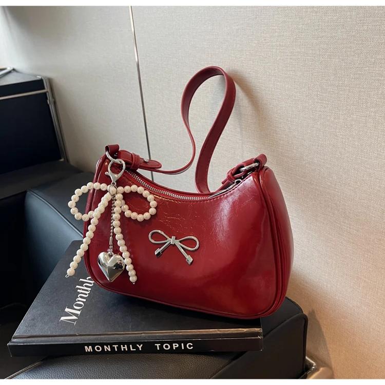 Chain Zipper Pu  Popular Shoulder Bag Sewing Thread Solid Color Bow Fashion Crossbody Bag Soft Versatile Women's Handbag