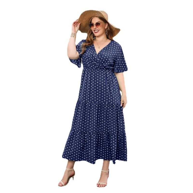 Plus Size Women's Big Size Polka Dot Casual v-Neck Elegant Hem Midi Dresses