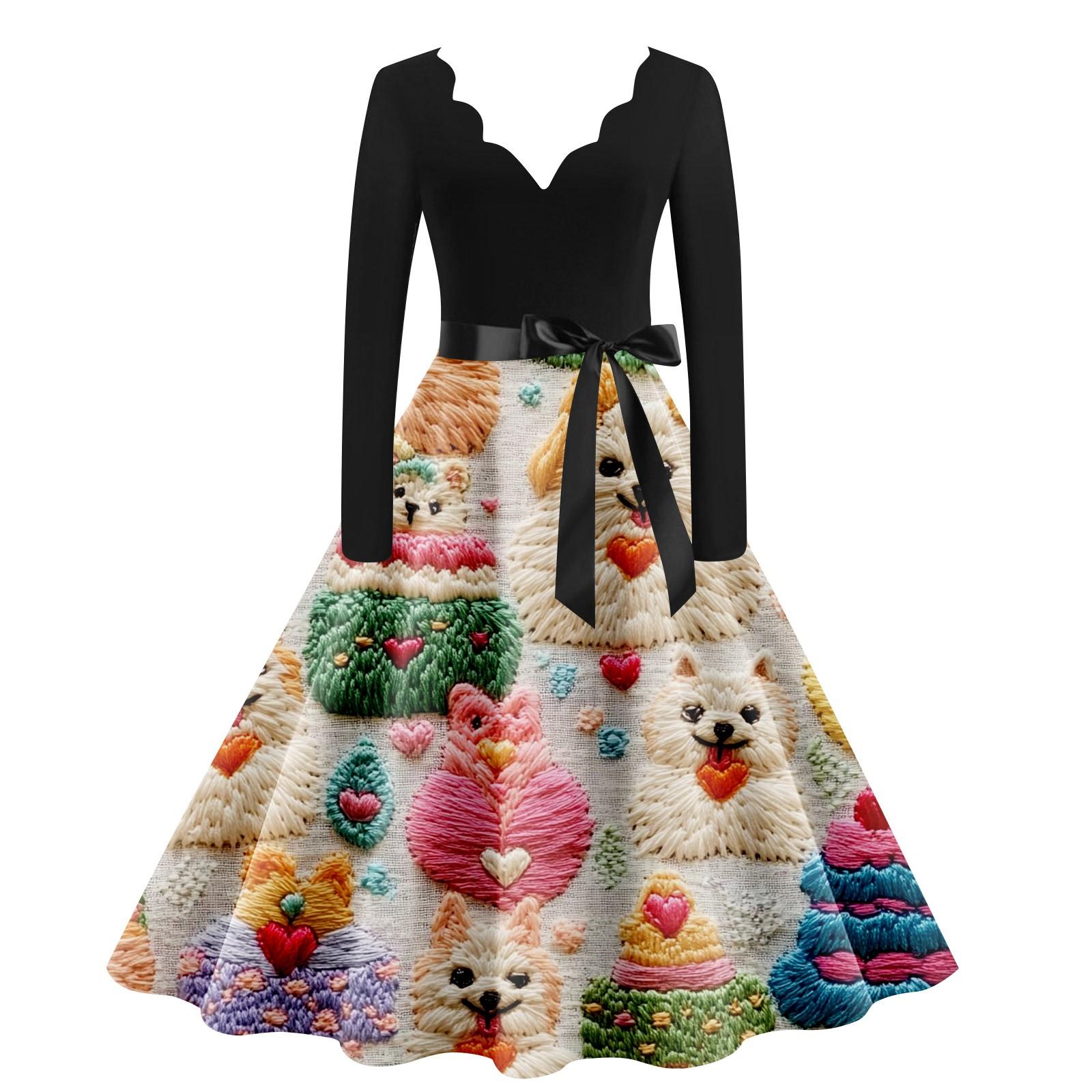 

Женское повседневное модное платье с V-образным вырезом и длинным рукавом с милым принтом в винтажном стиле XXL хаки