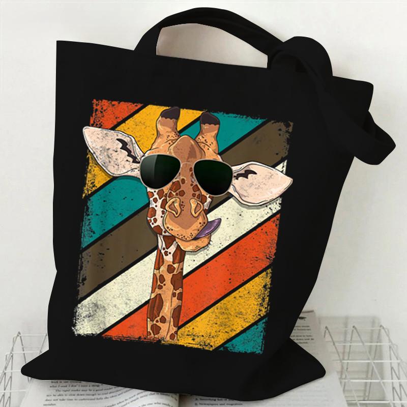 Shopping Bag Giraffe Fashion Cartoon Canvas Portable Tote Bag Women Men Street Aesthetics Style Giraffe Reusable Student Handbag