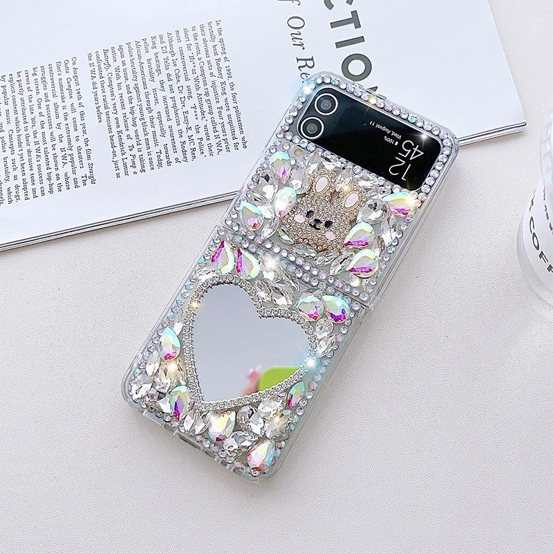 

Applicable To Samsung Zflip4 Mobile Phone Case Luxury Full Diamond Cat Flower Glass Mirror Wind Bunny samsung zflip3