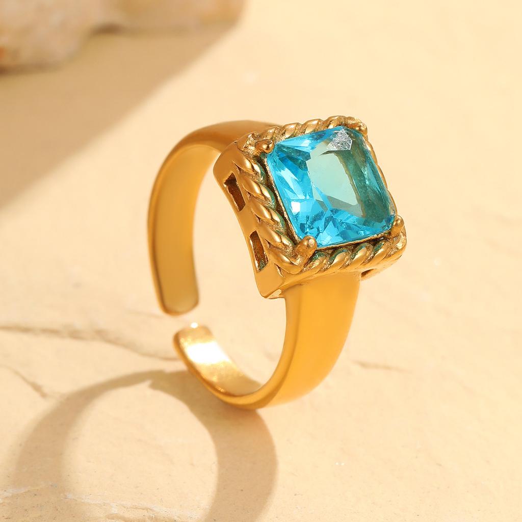 GEMCHIC Women's Geometric Blue Zircon Ring Set Fashion Luxury Stainless Steel Cuff Rings for Women
