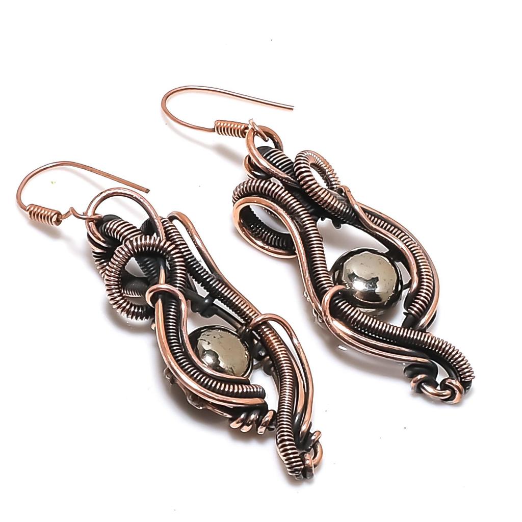 Golden Apache Pyrite Earrings, Gemstone Handmade Pure Copper Wire Wrap Jewelry Earrings, For Memorial Gift