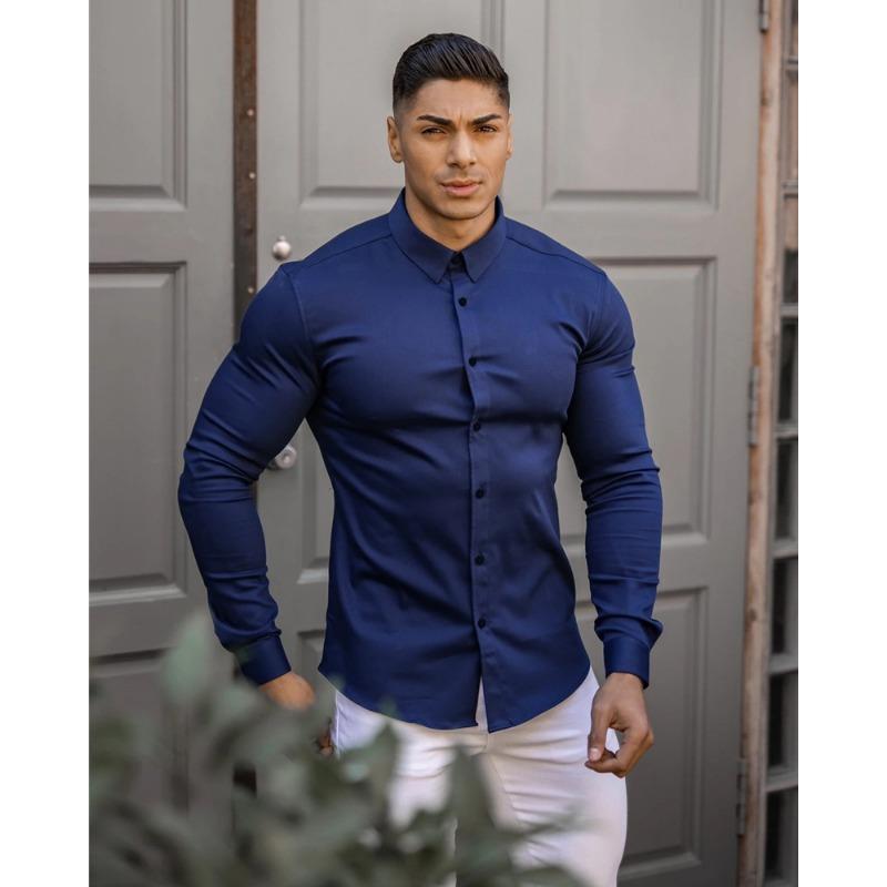 Men Muscle Slim Fit Long Sleeve Turn Down Collar Casual Sports Fitness Shirt
