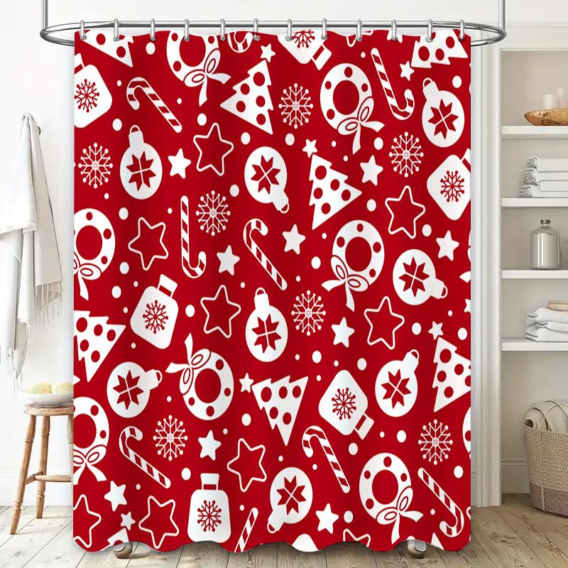 Red And White Christmas Shower Curtain Decorative Fabric Bath Room Waterproof Printing Washing Machine Washable Size