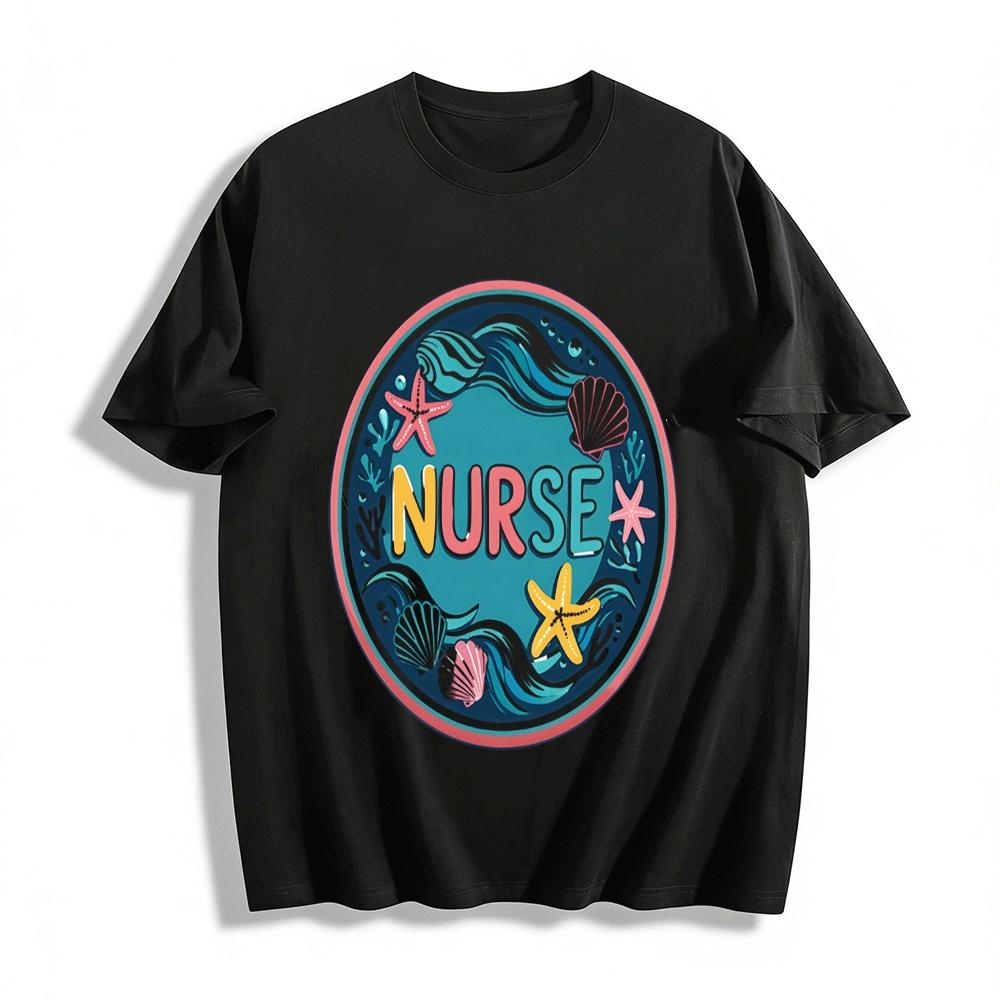 

Nurse Themed Ocean Print Casual Top Vacation Style Short Sleeve Tee Pure cotton T-shirt XXS