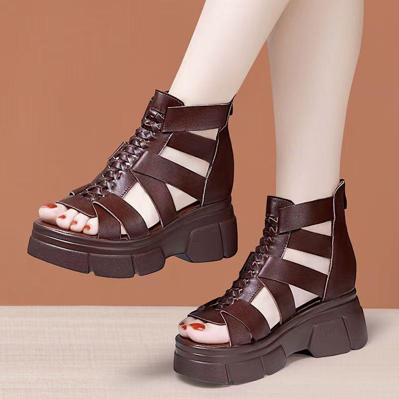 Women's Summer Leather Hollow Out Wedges Sandals Thick Sole Non Slip Breathable High Top Cover Heel Zippers Peep Toe Sandals