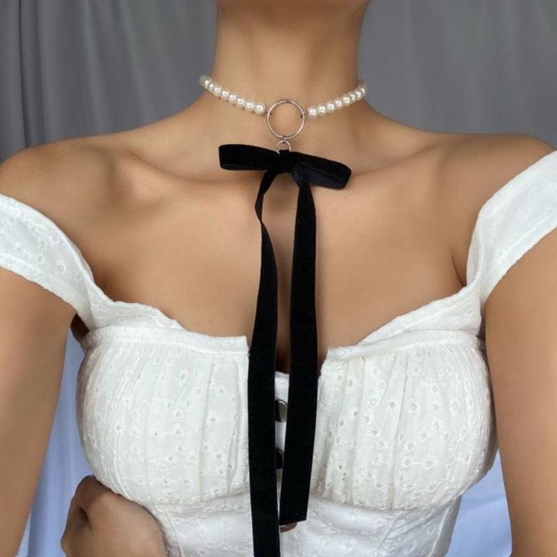 Punkowa, długa, szeroka, czarna, aksamitna wstążka choker z kokardą, imitacja pereł, koraliki, naszyjnik z gotycką biżuterią, prezenty noworoczne