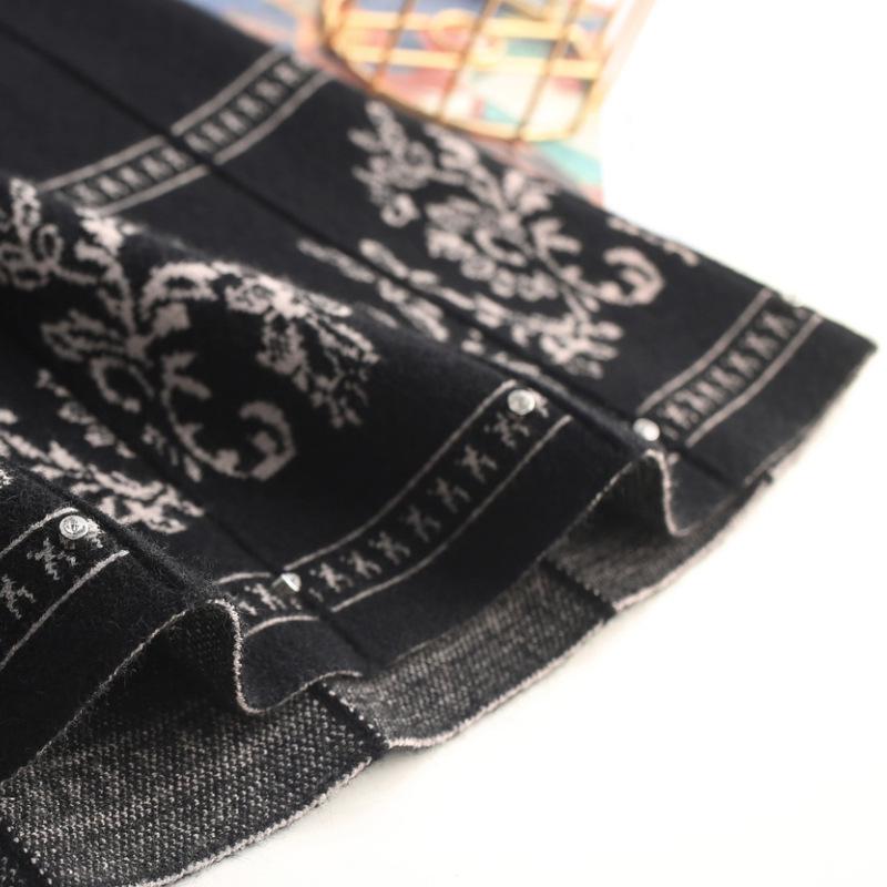 Ethnic Style Floral Knit A-line Midi Skirt - High Waist Autumn/Winter 2025