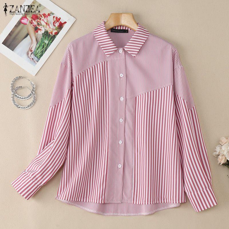 ZANZEA Women Casual Turn Down Collar Long Sleeve Loose Stripe Blouse