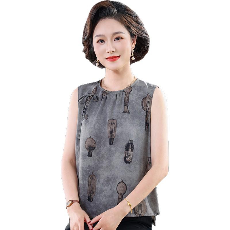 2026 Summer French Retro Loose Casual Imitation Silk Printed Sleeveless Vest for Middle-aged and Elderly Women
