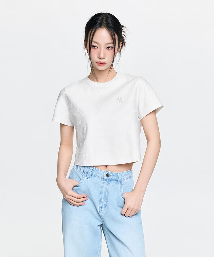 Emelbi Women'S Diamond Monogram Tone-Tone Jacquard Crop Short Sleeve T-Shirt Ny (Ivory)