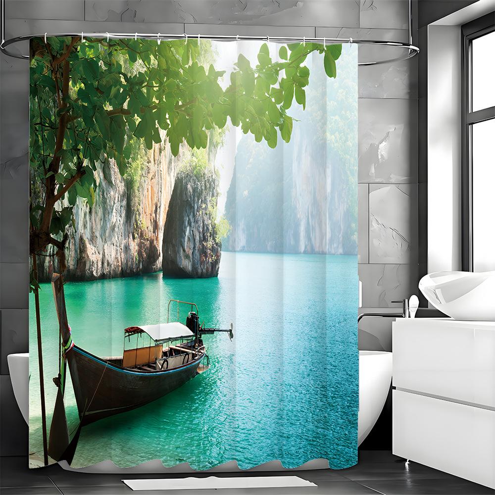 

A Small Boat On The Water Scenery Shower Curtain Washable Dirt-Resistant Shower Head Waterproof Polyester Bath Curtain W60H190(CM)-1 Pcs