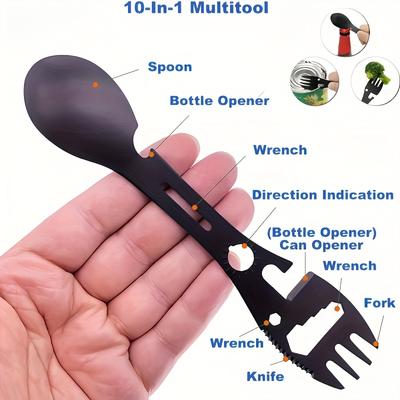 10in 1 Stainless Steel Multifunctional Tool Spoon - Including Bottle Opener, Serrated Knife, Wrench, and Direction Indicator - Compact Design Suitable