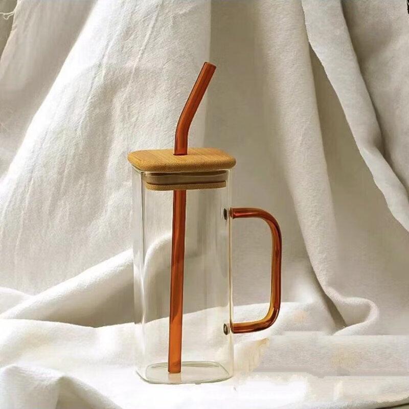 4-Pack Amber Square Glass Tumblers with Lids and Straws