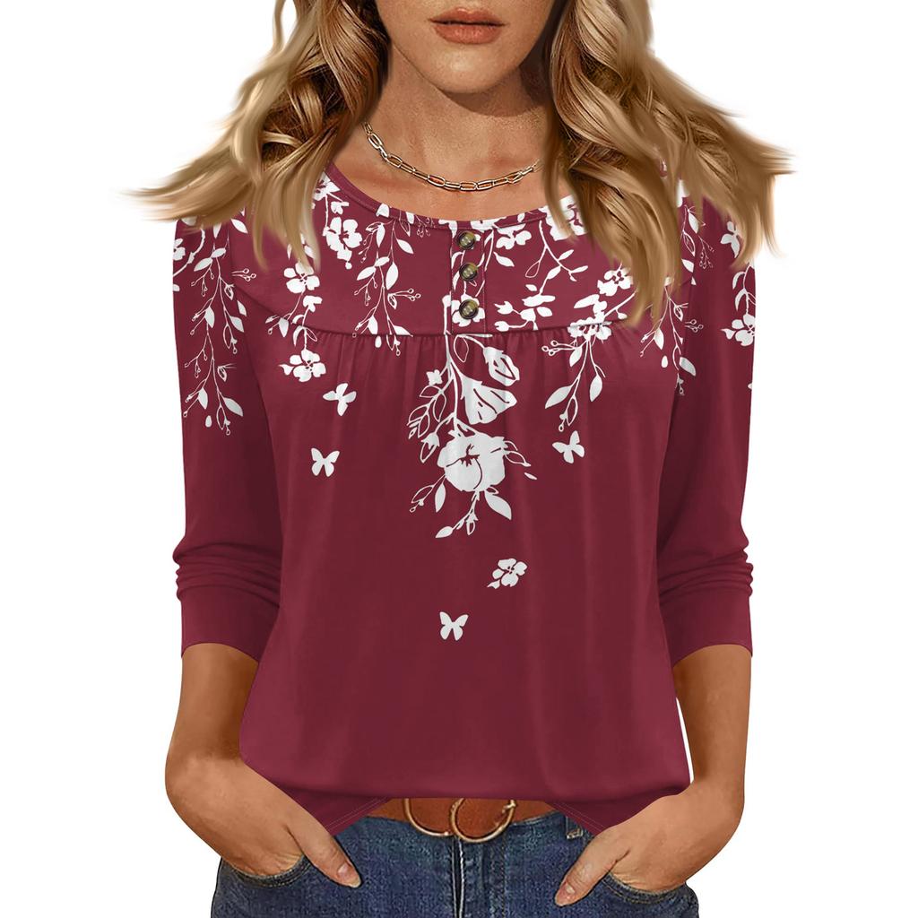 Women's Fashionable Casual Floral Print Three-quarter Sleeve Top