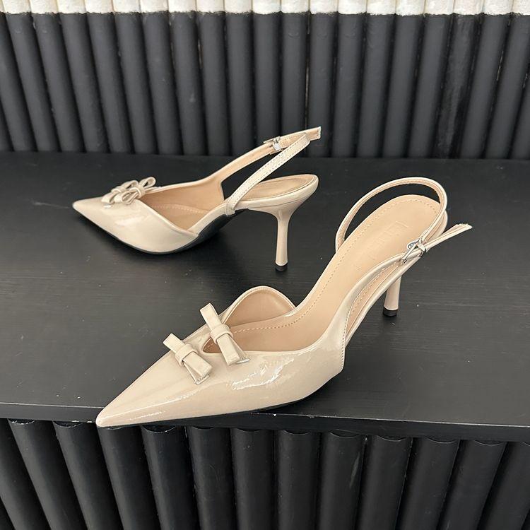 Niche French High Heels Thin Heel Bag Head Sandals Fairy Shoes 2025 Spring Temperament Pointed Bow Nude Shoes
