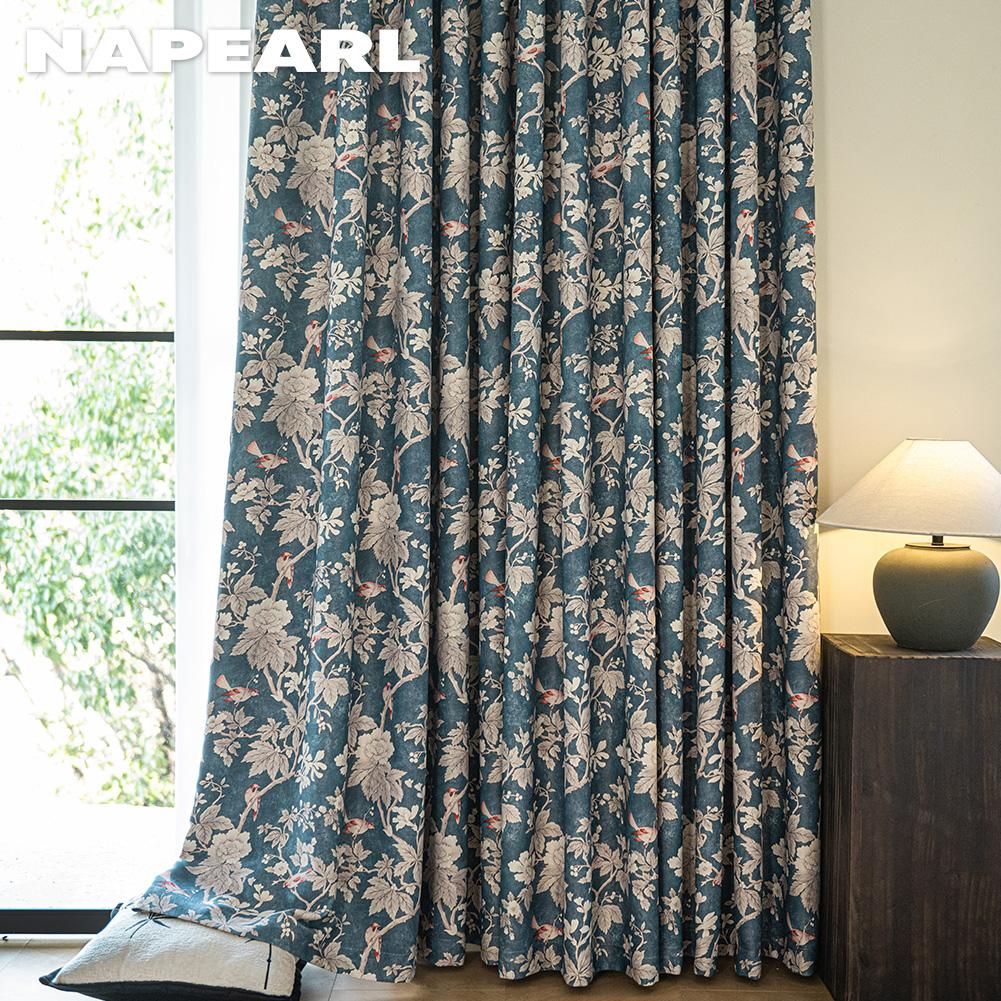 1PC NAPEARL American Retro Blue Background Floral and Bird Print Curtains 70-80% Blackout Curtains for Bedroom Living Room Window for Home Decor