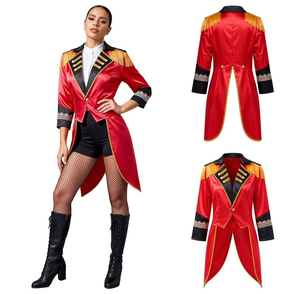 Giacca da Pista da Circo da Donna con Frange sulle Spalle, Collo a Revers, Maniche Lunghe, Polsini in Pizzo, Blocco di Colore, Raso per Feste a Tema Halloween, Carnevale, Role Playing