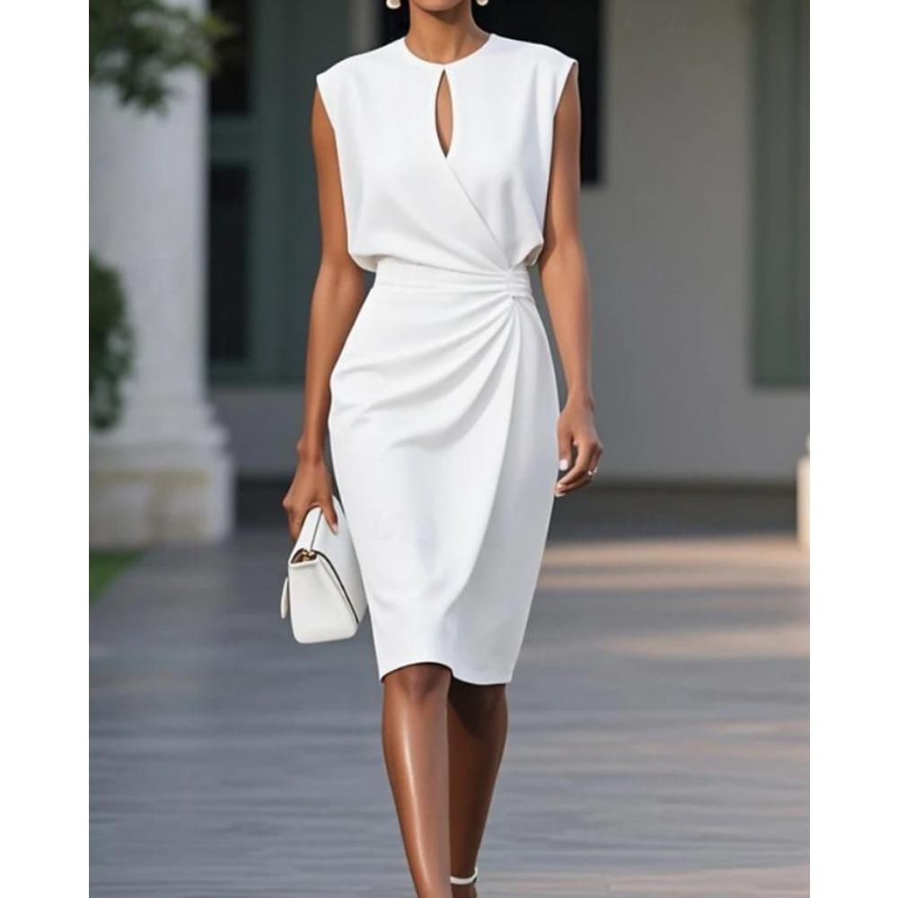Dames mouwloze ronde hals keyhole ruches taille bodycon midi jurk voor kantoor