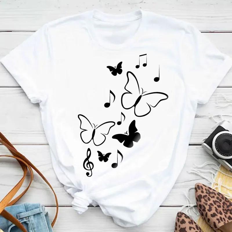 Women's colorful butterfly petal print T-shirt short-sleeved round neck cute graphic top