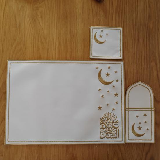 1 Set Star Moon Eid Placemat Faux Leather Embroidered Waterproof Placemat Cutlery Holder Coaster for Ramadan Dinner Home Islamic Holiday Party Decor