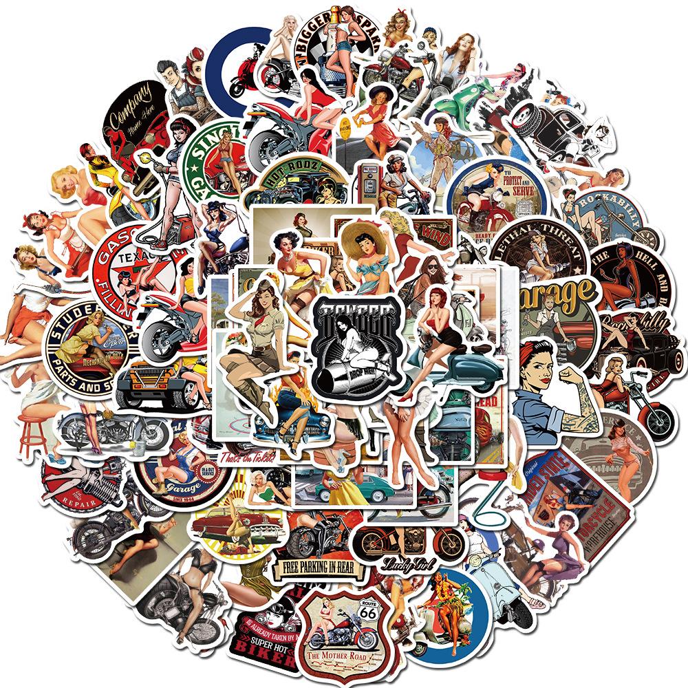 100 Motorcycle Retro Girl Doodle Stickers Mobile Phone Case Skateboard Suitcase Super Waterproof Stickers