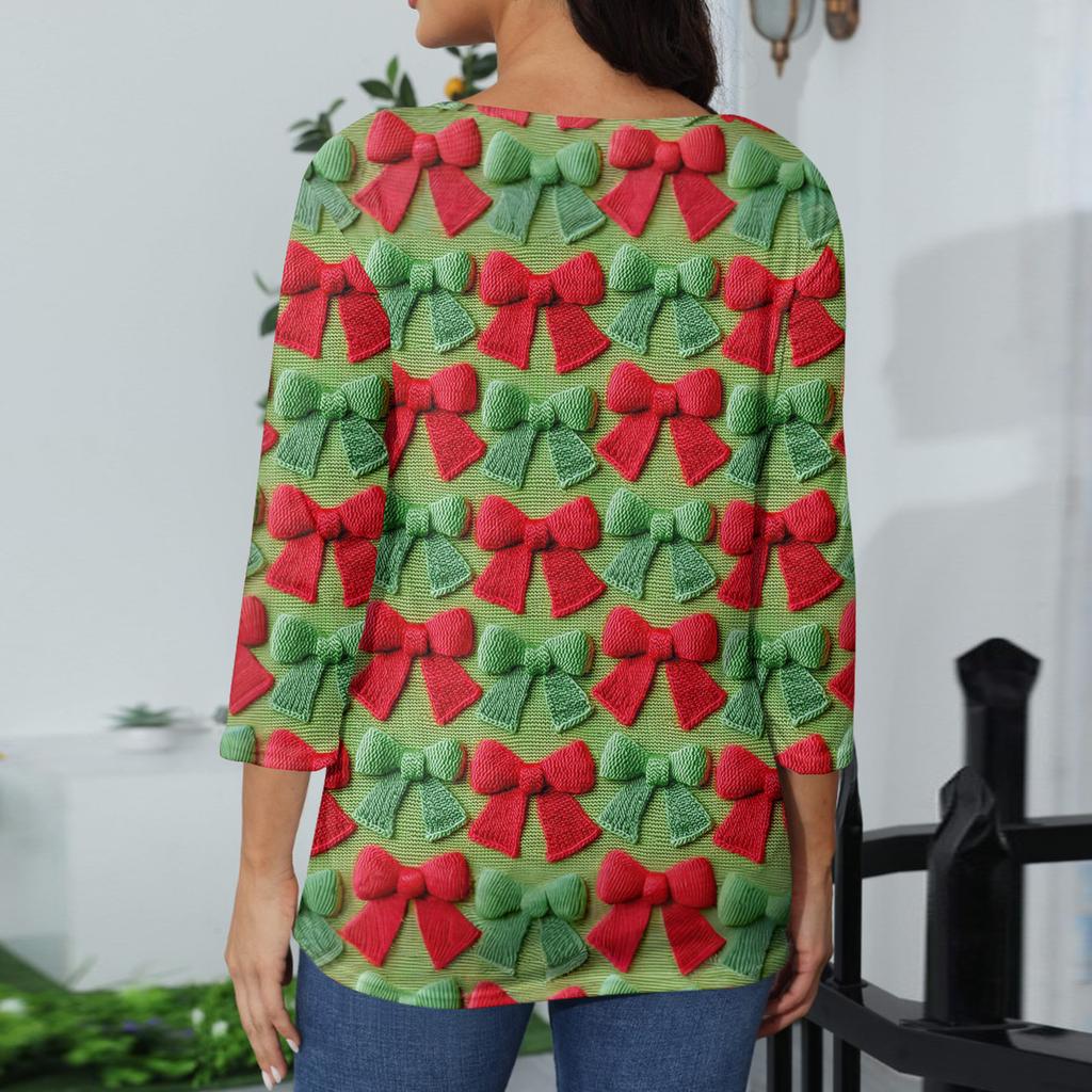 Women's Casual Fashionable Sexy Comfortable V-Neck Christmas Three-Quarter Sleeve Top