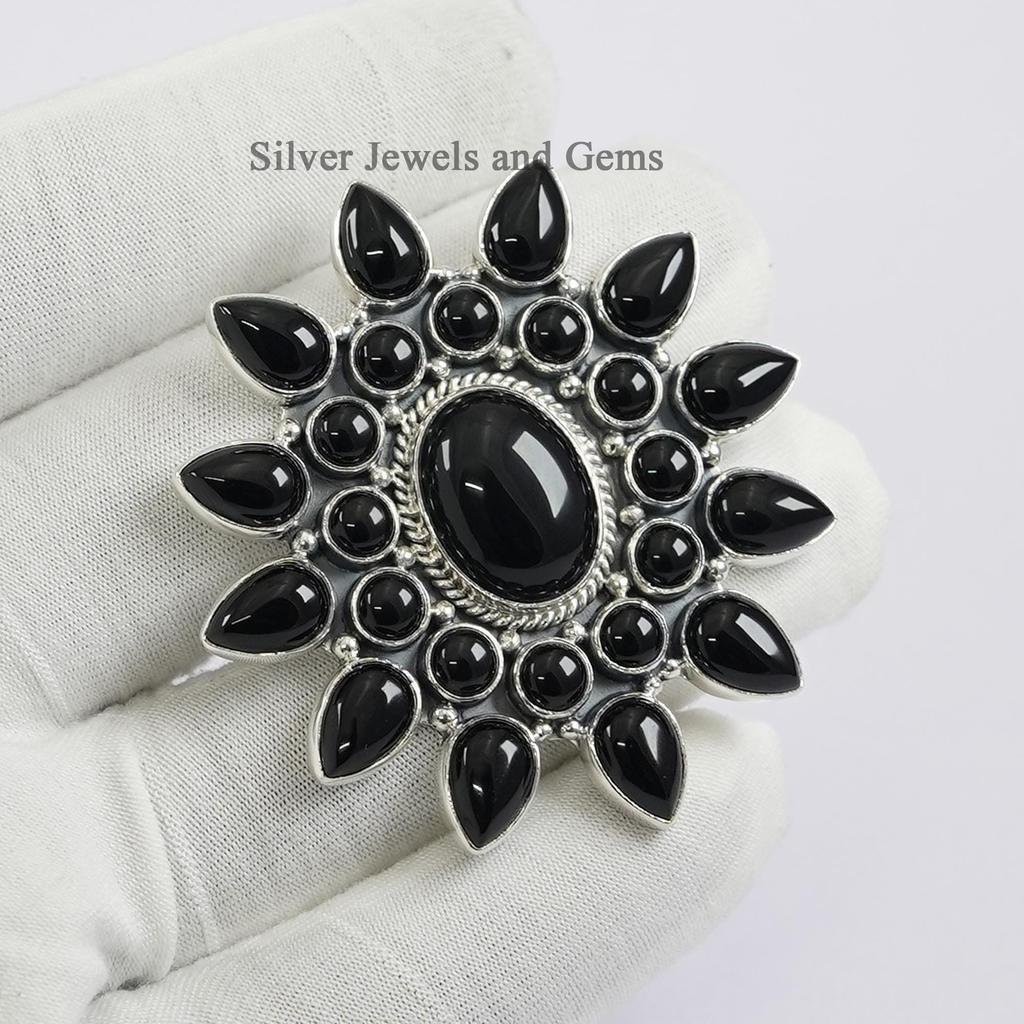Black Onyx Cluster Ring, 925 Sterling Silver, Handmade Statement Ring