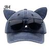 Adjustable Sun Hat with Sunglasses Cat Ear Trucker Hat, Baseball Cap Detachable Sunglasses, Curved Brim Protection Pilot Style for Outdoor Travel