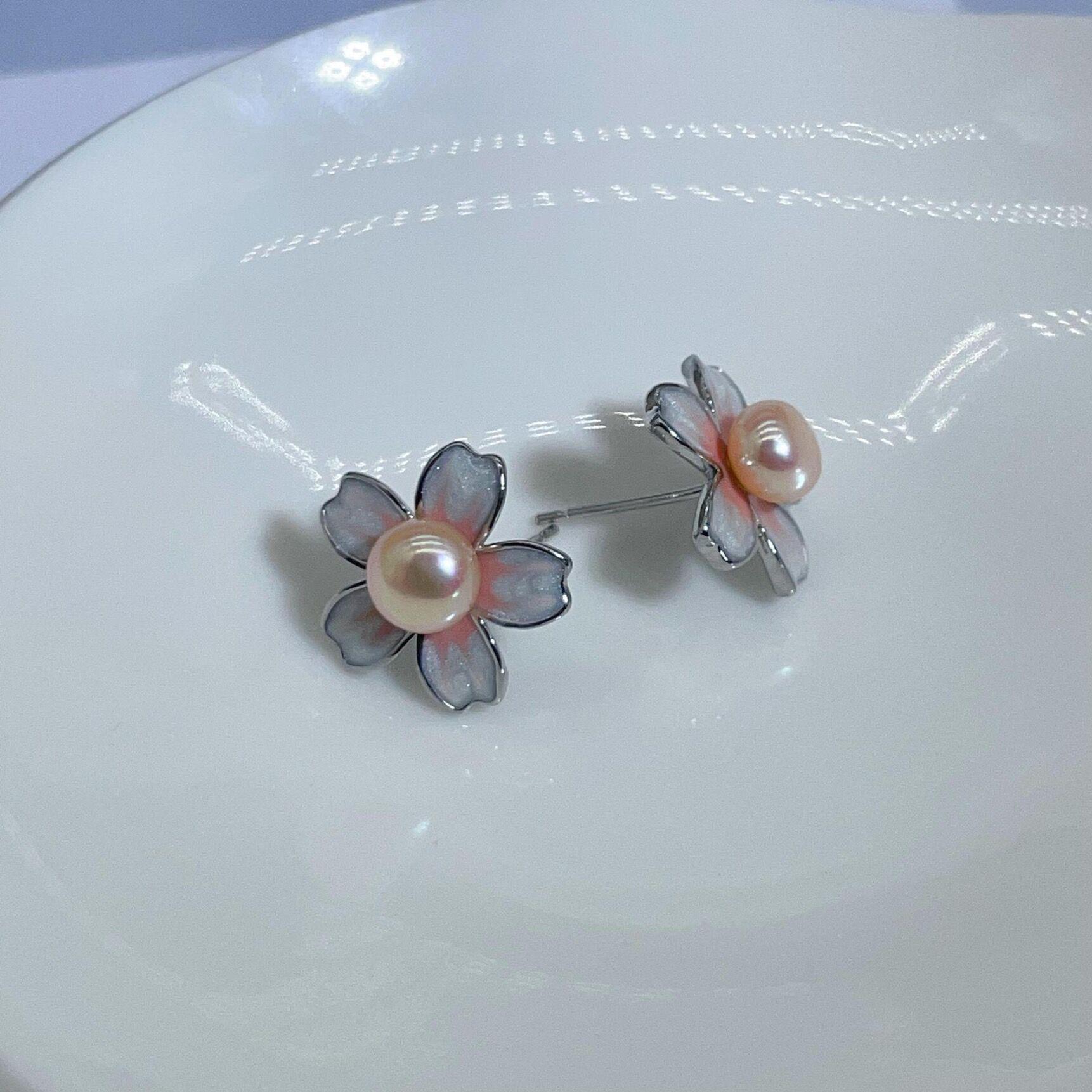 

«Позолочені сережки фея з рожевими квітами зі срібною голкою S925 і прісноводними перлами»