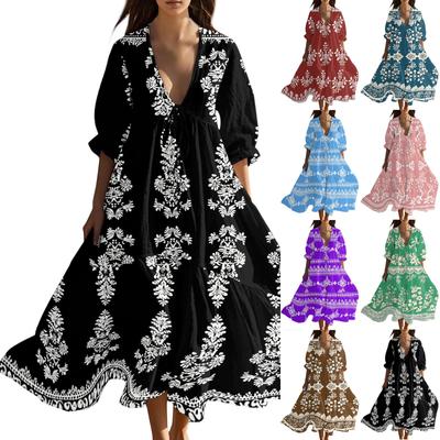 Women's Summer Fashion V-neck Retro Floral Print Short Sleeved Beach Dress With Lace Patchwork Dress
