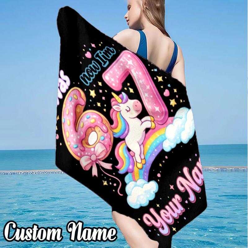 Custom Name Unicorn Number 67 Beach Towel - Soft, Ultra-Absorbent Microfiber, Lightweight, Perfect for Beach, Parties, Travel, Camping