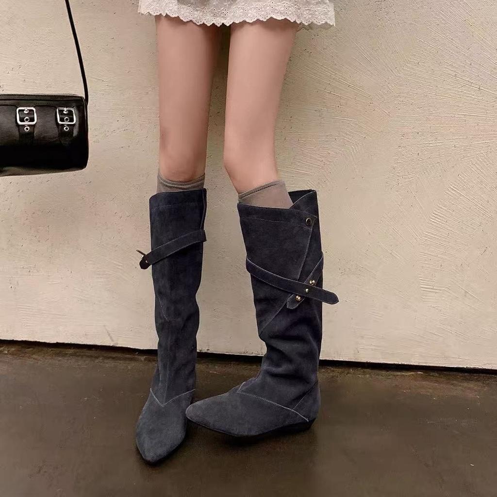 Western cowboy boots pointed niche button two wear new medium boots design stack with suede V retro