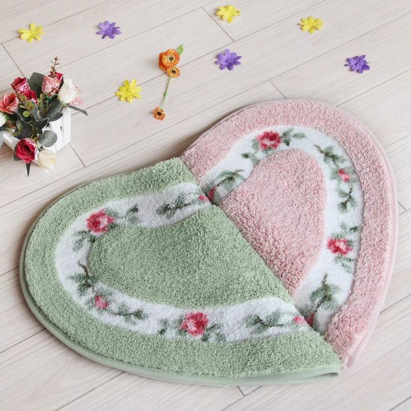 Heart Shape Nonslip Bath Mat Embroidered Toilet Rug Kit Water Absorption Door Mat for Bathroom Toilet Bedroom Floor Mat