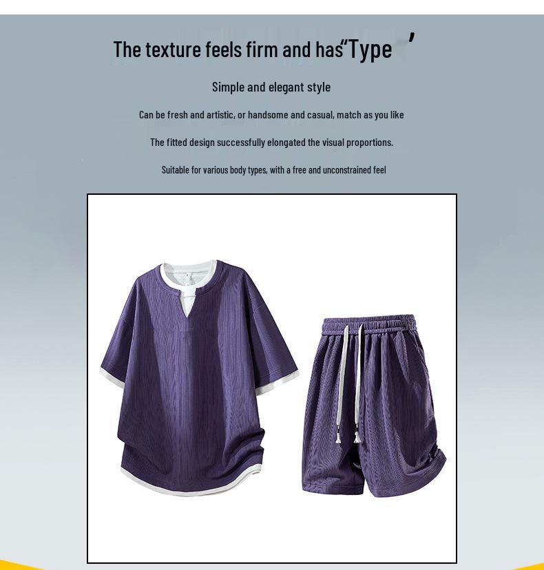 Trendy 2026 Men's Jacquard Sportswear Set: Faux Two-Piece T-Shirt & Shorts