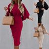 O-Neck Waist Tight Bodycorn Dress High Waist Elegant Long Lantern Sleeve Office Dress Female Clothing