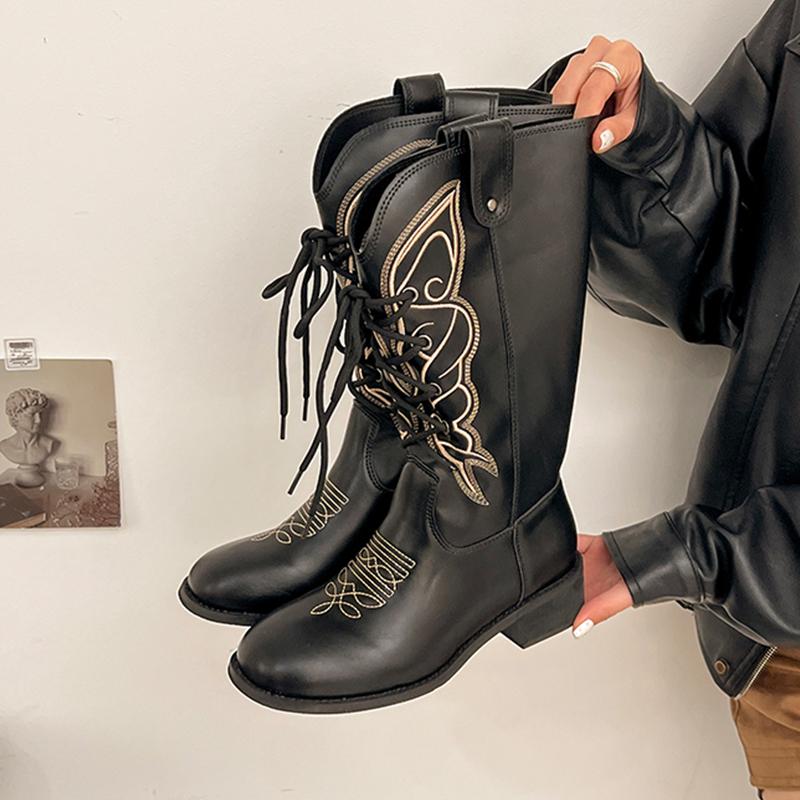 

Дизайнерские женские высокие сапоги на среднем каблуке, модная обувь на шнуровке, зимние ботинки челси, новые туфли-лодочки, кожаный тренд, женские сапоги 43