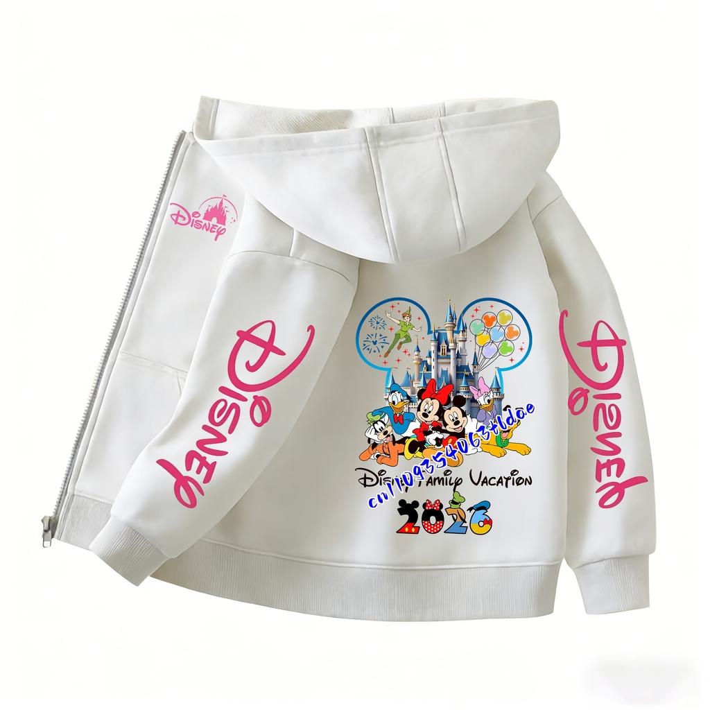 2026 Family Trip Kids Zip Up Hoodie Cute Cartoon Mouse & Friends Graphic Casual Hooded Jacket