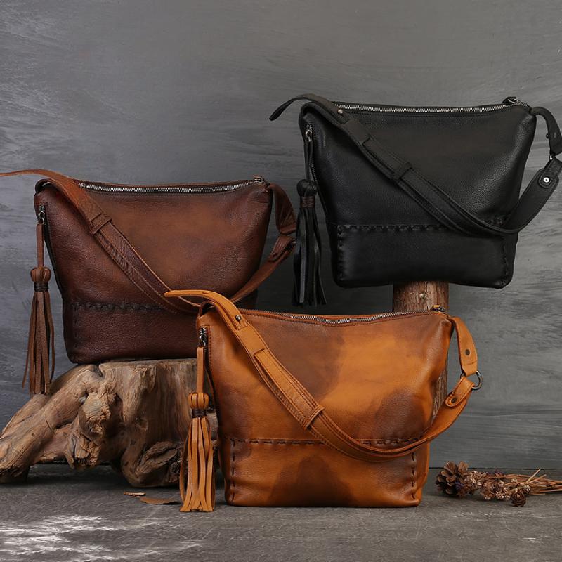 Johnature Retro Handmade Women's Bag High Capacity Genuine Leather Solid Color Tote Bag Commuter Shoulder Bag