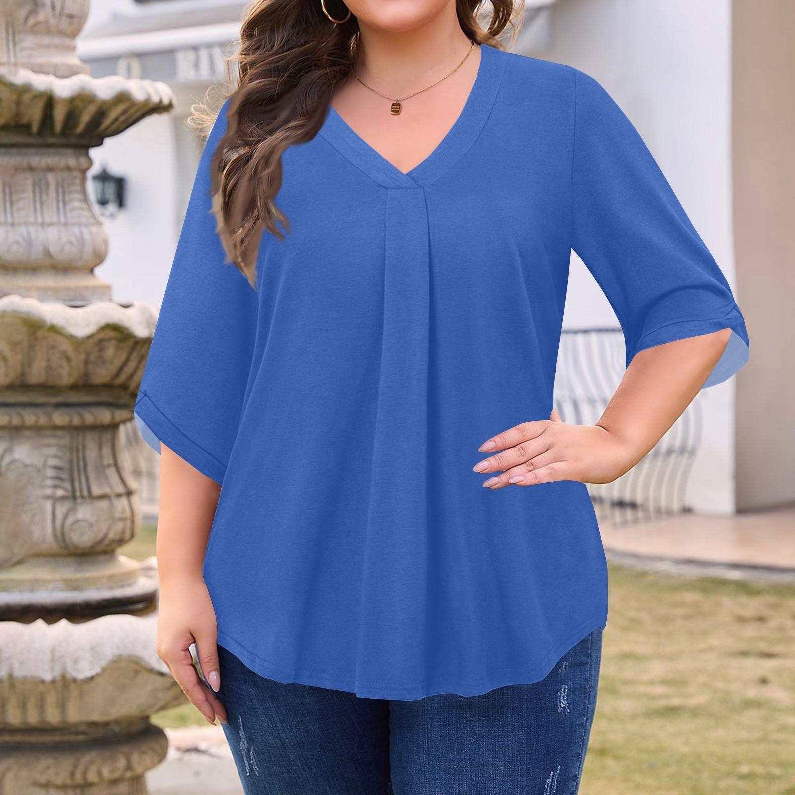 

Женская мода Большой размер Однотонный топ с V-образным вырезом и рукавом три четверти XXXXL синий